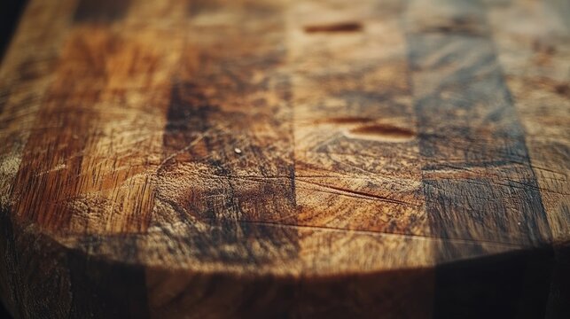 Close-up of a well-used, scratched wooden butcher block cutting board with a shallow depth of field.