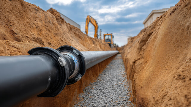 Underground pipeline installation with large black pipe in trench. Industrial construction site for water supply or infrastructure development project.