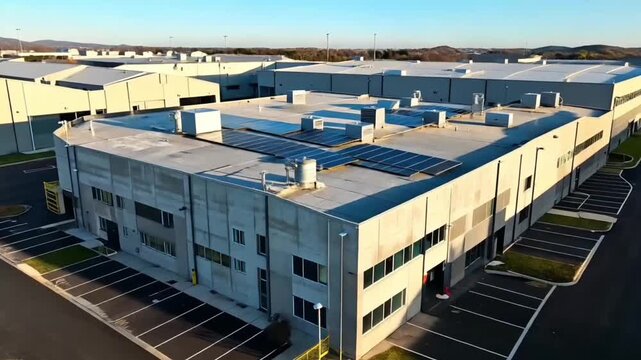 Aerial view of a modern industrial warehouse building with solar panels and parking lot