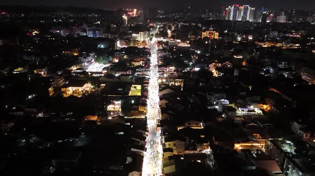 Aerial Night View of West Street, Quanzhou Kaiyuan Temple, Fujian China