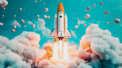 Naklejka premium Vivid rocket blasting off with fiery exhaust, ascending through whimsical sky adorned with fluffy clouds and numerous floating asteroids, embarking on grand, surreal adventure.
