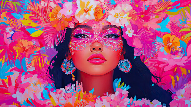 Vibrant, dreamlike portrait of woman adorned with dazzling floral headdress and sparkling face paint, immersed in kaleidoscopic explosion of tropical foliage and blossoms, evoking sense of festive cel