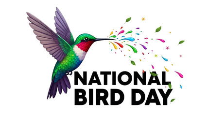 Obraz premium Hummingbird in flight sprays rainbow paint splashes isolated on transparent background for National Bird Day celebration illustration