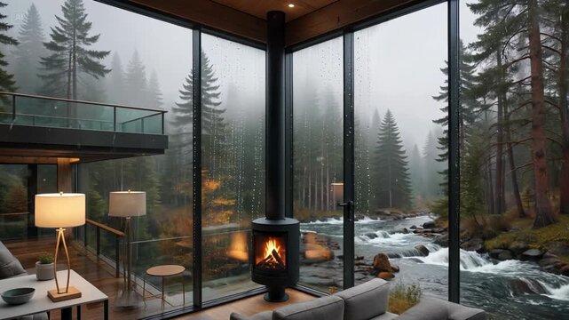 Cozy luxury living room with a modern fireplace viewed through rain-streaked, floor-to-ceiling windows overlooking a misty pine forest and fast-flowin