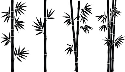 Black bamboo stalk silhouettes with leaves, tropical plant elements for landscape design, zen nature set © Hello Wolrd