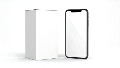 Naklejka premium A smartphone with a blank screen stands beside a tall, rectangular white box. Clean, modern look against a white backdrop
