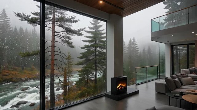 Luxury modern home interior with massive panoramic window overlooking a moody pine forest, dramatic raging river rapids, and foggy wilderness landscap
