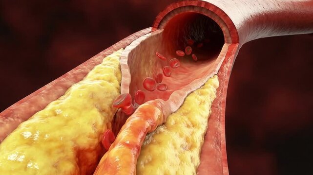 Atherosclerotic plaque buildup narrowing an artery as blood cells flow through the constricted vessel lumen