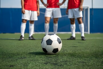 Fototapeta premium Three unidentifiable soccer players standing behind a ball on green artificial turf