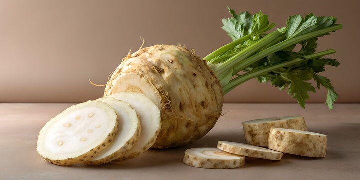 celeriac root whole and sliced showing white flesh and green leaves on neutral background for root vegetable and healthy eating