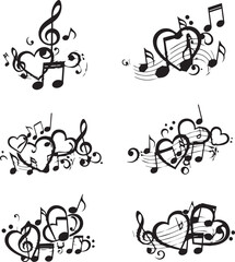 Silhouette of music notes and hearts in various creative designs