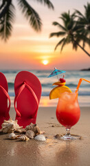 Beach scene with red flip-flop, seashells, and colorful cocktail at sunset, representing tropical vacation, summer leisure and relaxation getaway