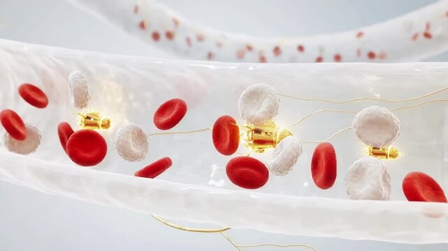 Nanorobot moving through a blood vessel among red blood cells and white blood cells in bloodstream