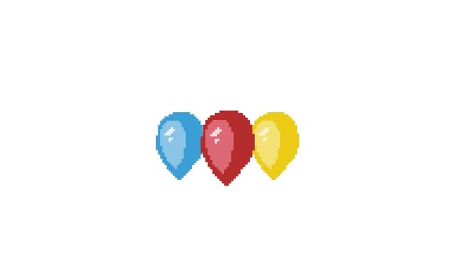 Red Blue and Yellow Balloon Pop Loop Animation 8bit Pixel Art on White Background