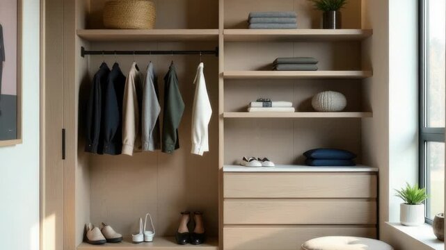 Video A warm and inviting interior design concept featuring an open shelving system in a cozy closet
