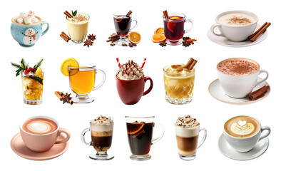 PNG Assorted festive holiday beverages, element set on transparent background