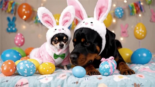 Adorable dogs wearing bunny ears sitting among colorful Easter eggs. Cute, playful and joyful spring holiday video.