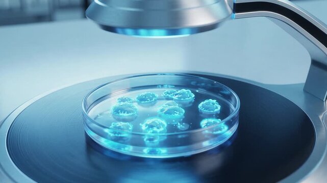 Laboratory microscope scanning a petri dish as glowing cell cultures form and change during biomedical research