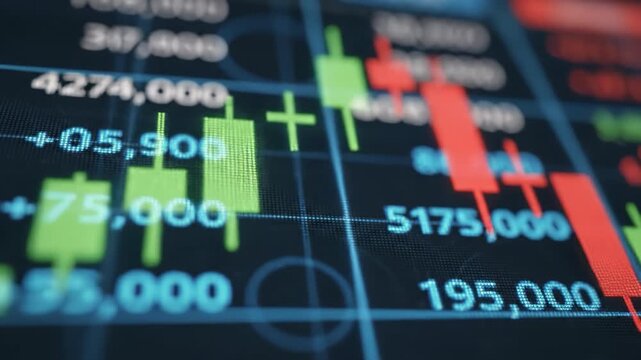 Green red candlestick chart on digital trading screen showing price movement and volume with numeric overlays and grid lines conveying market volatility analysis for stock market finance trading