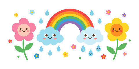 Fototapeta premium Happy cartoon clouds raining on smiling flowers with rainbow