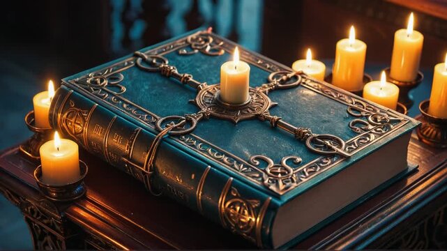 Video A book with a cross on top, surrounded by candles