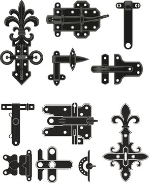 Decorative black metal door hinge and latch hardware illustration set featuring vintage ornamental hinges locks and fasteners isolated on white background