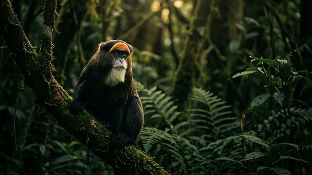A Patas monkey sitting on a tree branch in a lush green forest.