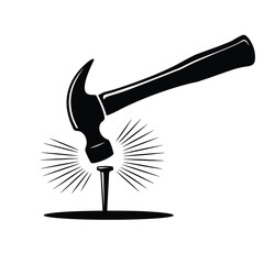 A black hammer striking a nail creating a starburst impact effect © ariyan