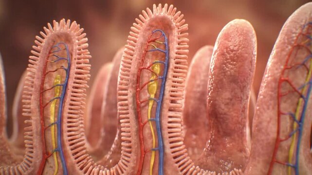 Intestinal villi flexing and absorbing nutrients with visible capillaries and lacteals in small intestine lining