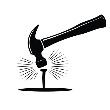 A black hammer striking a nail creating a starburst impact effect