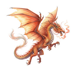 Obraz premium Majestic orange yellow dragon flying with wings spread breathing fire and roaring fiercely in a vibrant illustration