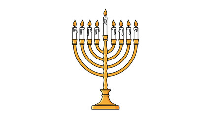 Fototapeta premium Traditional gold hanukkah menorah with lit candles and melting wax drippings is shown on a clean white background.