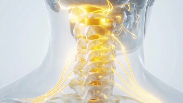 Human neck and cervical spine with glowing nerves showing pain or inflammation progression in medical view