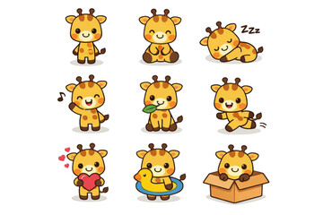 Obraz premium Cute cartoon giraffe characters with multiple poses and expressions on white background