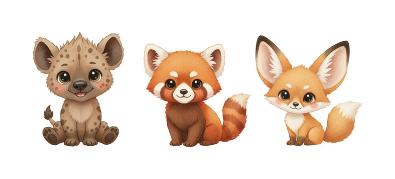 Cute cartoon baby animals a hyena a red panda and a fennec fox sitting with happy expressions
