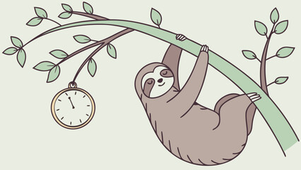 Obraz premium Sloth hanging from clock shaped tree branch relaxed and smiling conveying slow pace of life and calmness in nature