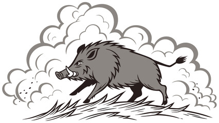 Fototapeta premium Wild boar charging forward with dust clouds aggressive animal in motion powerful mammal running