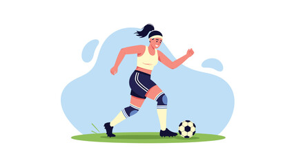 Obraz premium Athletic young woman in sports apparel dribbling a soccer ball across a green field with a dynamic blue abstract background shape.