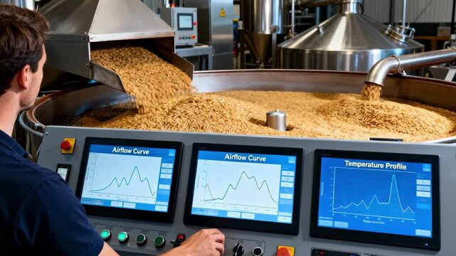 Specialty malt production monitored with precision as operator modifies airflow curves and temperature profiles on control screens enhancing unique malt profiles for artisanal