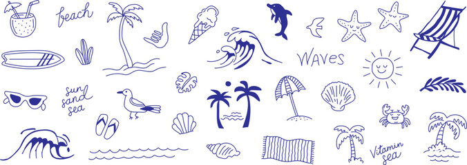 Hand Drawn Beach Theme Vector Set with Summer Doodles and Tropical Elements © The Icon Hub