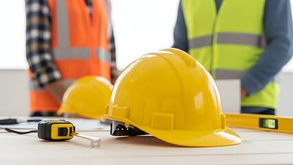 Fototapeta premium Construction site safety equipment and workers in high visibility vests