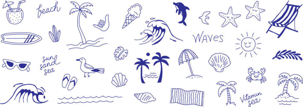 Hand Drawn Beach Theme Vector Set with Summer Doodles and Tropical Elements