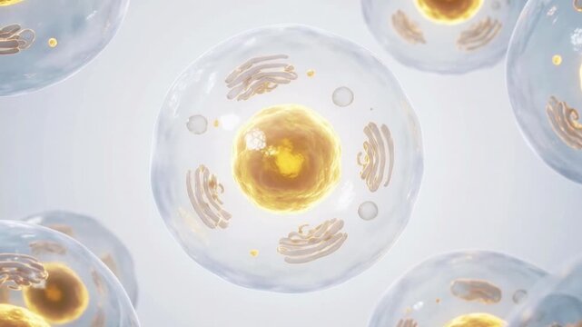 Microscopic cell drifting through fluid as organelles swirl around a glowing nucleus in a clean laboratory space