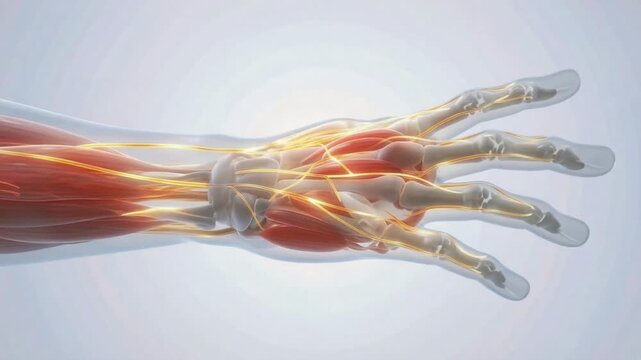 3d medical view of a human hand and wrist flexing with visible muscles, tendons and nerves in motion