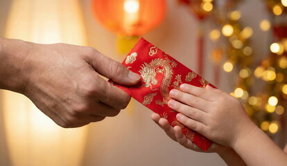 Generated AI - Close-up of Senior Hand Giving Red Envelope (Ang Pao) to Child with Respectful Greeting Gesture During Chinese New Year Celebration.