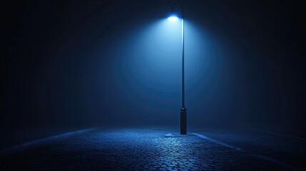 Obraz premium A solitary street lamp illuminates a foggy, dark night with a blue glow, creating an atmospheric and mysterious scene.