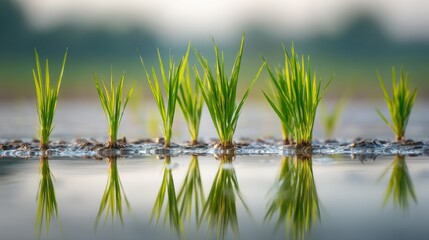 Obraz premium Fresh Green Rice Seedlings Growing in Water-Logged Field Reflecting in Calm Surface with Soft Background Blur