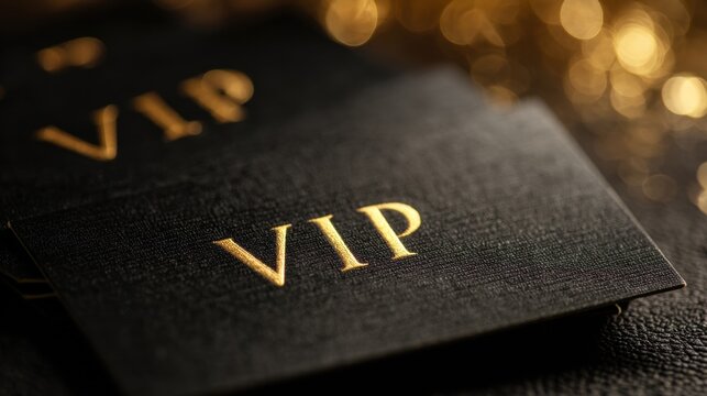 Elegant VIP Cards with Golden Foil Lettering on a Blurred Sparkling Background for Exclusive Events and Celebrations