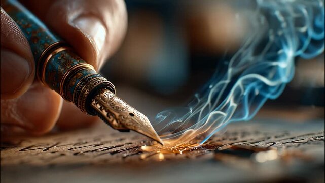 Vintage Fountain Pen Nib Writing on Paper with Glowing Ink Spark and Blue Smoke Macro