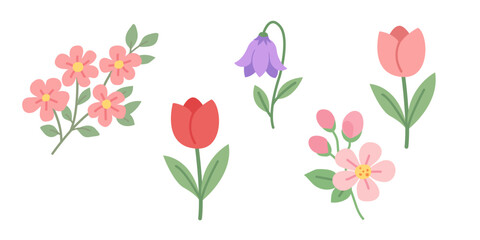 Obraz premium Vector set of spring Easter flowers and insects in flat style isolated on white background.
